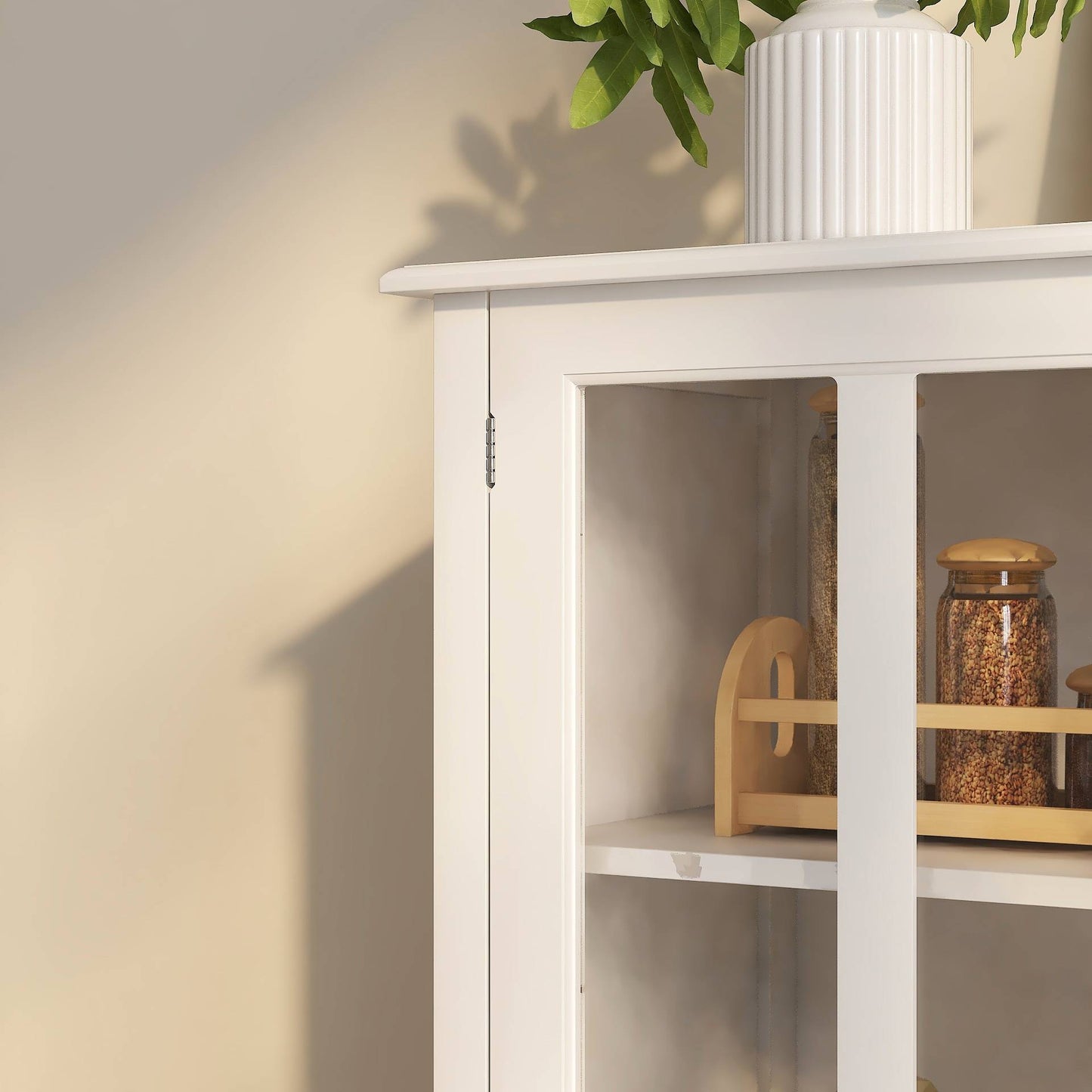 Buffet Storage Cabinet With Double Glass Doors And Unique Bell Handle
