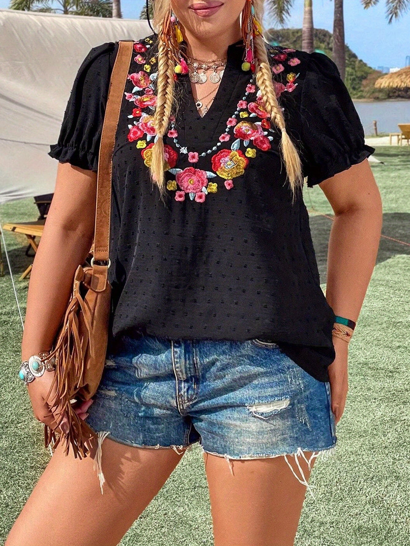 Women's Plus Size Floral Embroidery Summer Casual Short Sleeve V-Neck Swiss Dot Blouse Top