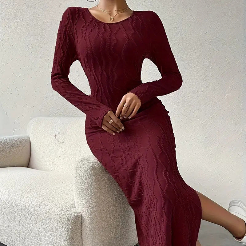 Women's Crew Neck Long Sleeve Ribbed Dress Side Slit Knit Bodycon Midi Dress
