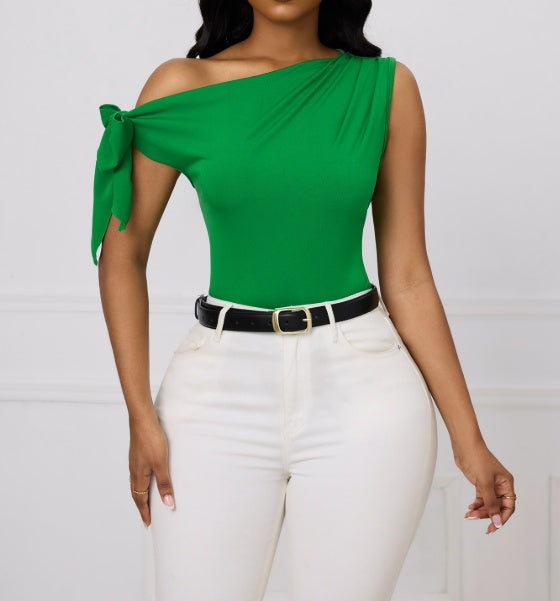 Ladies' Fashionable And Elegant Sloping Shoulder Off Shoulder Solid Color Temperament Shirt Top