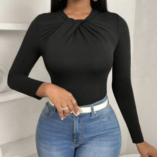 Women's Solid Color Pleated Collar Slim Fit Hip Hugging Long Sleeved T-shirt Top