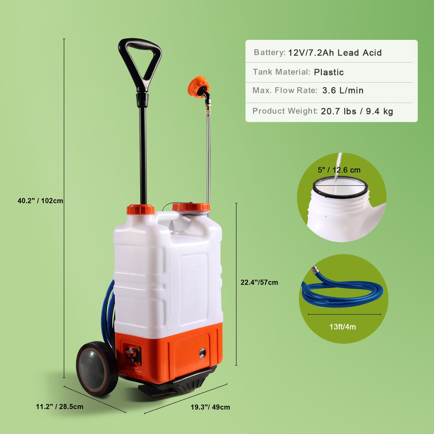VEVOR Battery Powered Backpack Sprayer With Cart, 0-94 PSI Adjustable Pressure, 4 Gallon Tank On Wheels, With 8 Nozzles And 2 Wands, 12V 7.2Ah Battery, Wide Mouth Lid For Weeding, Spraying, Cleaning