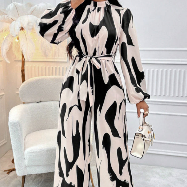 Ladies' Fashionable And Elegant Autumn And Winter Long Sleeved Full Printed Cold Shoulder Lantern Sleeves Jumpsuit With Elegant Orientation