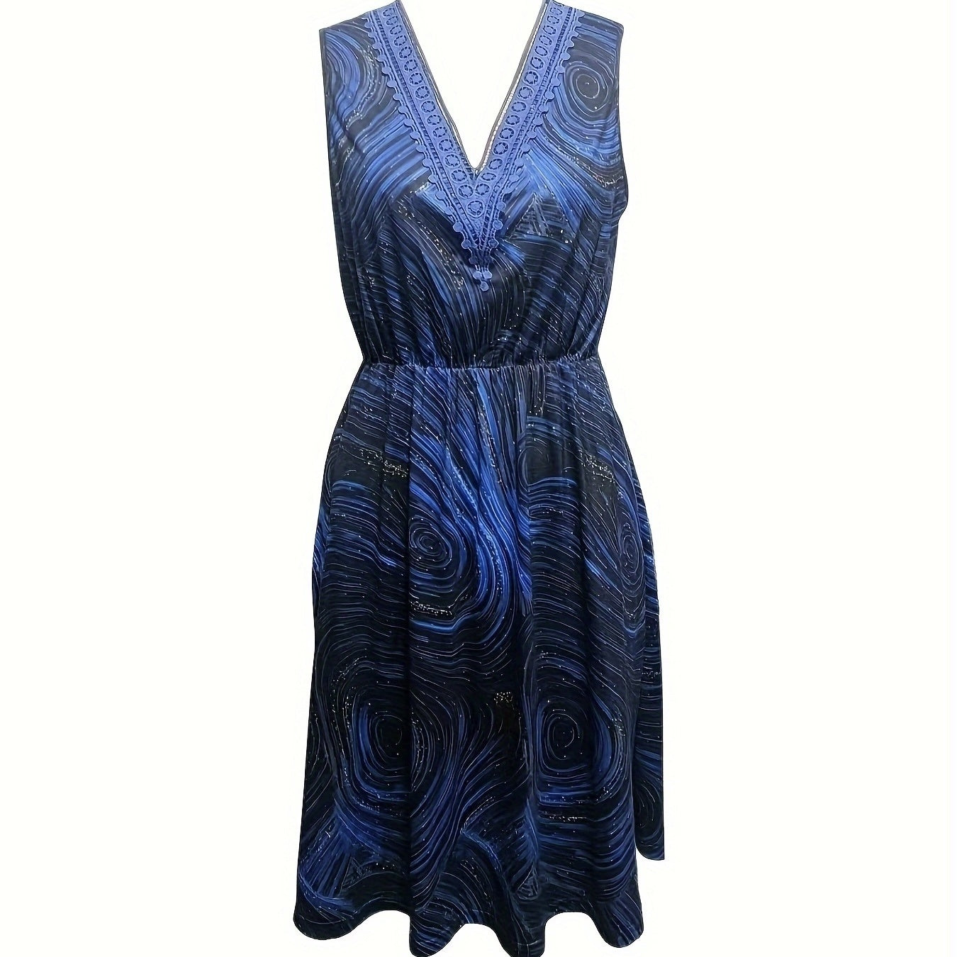 Ladies' V-neck Vest Style Off Shoulder Lace Patchwork Collar With Hanging Pleats Striped Elegant Style Dress