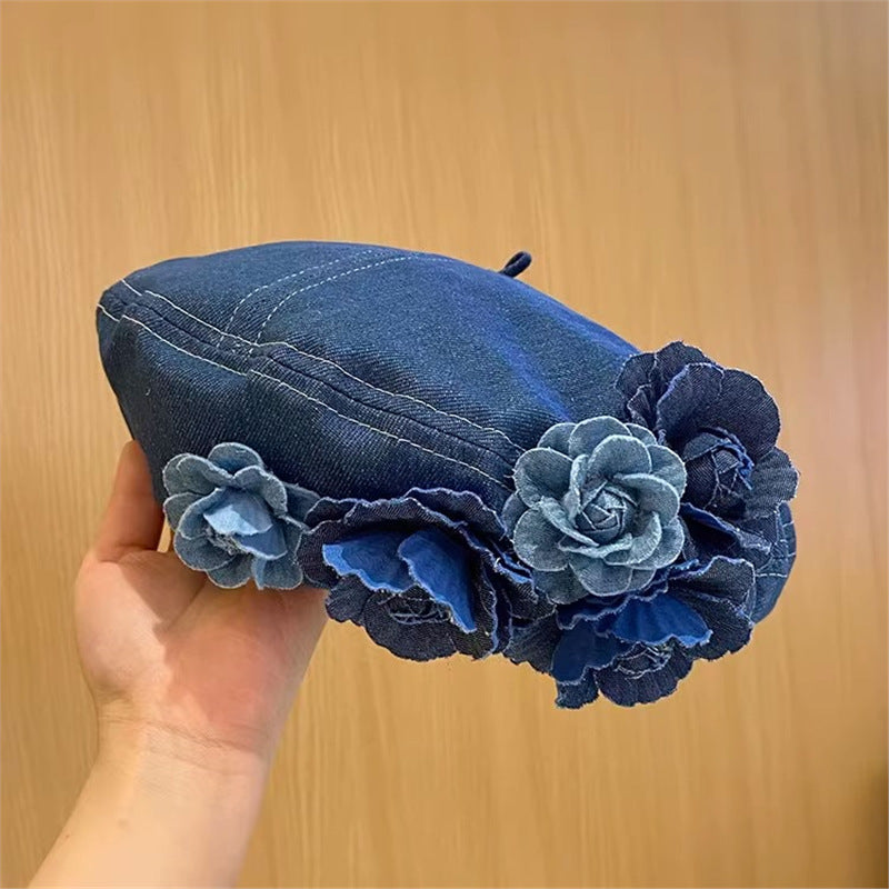 Japanese Minority Contrast Color Three-dimensional Flowers Denim Beret