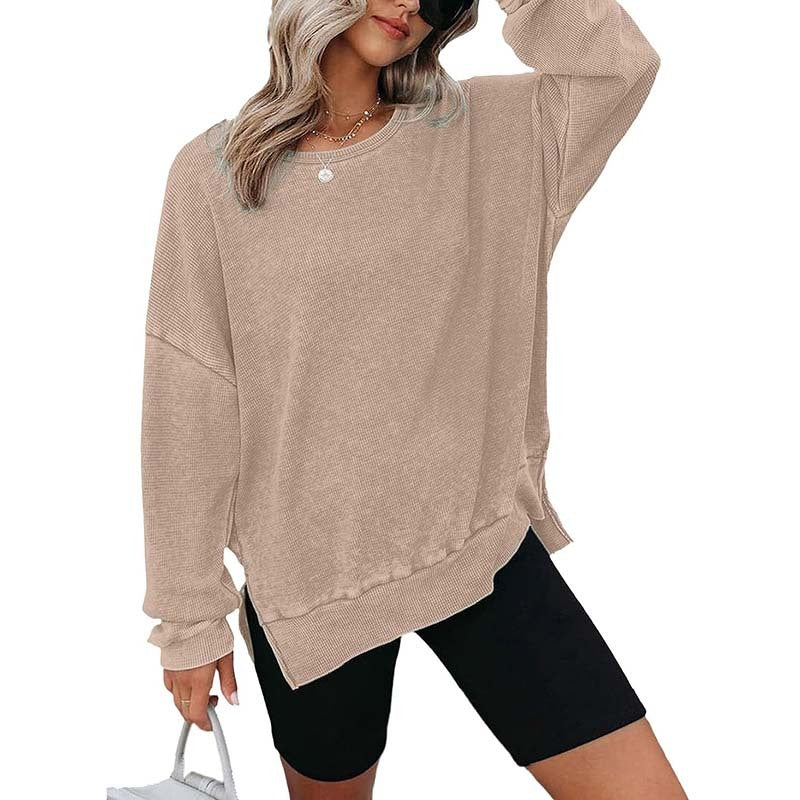Womens Waffle Knit Crewneck Sweatshirts Long Sleeve Side Slits Casual Pullover Sweatshirt Tops