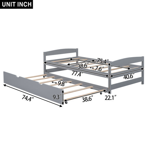 Twin Size Platform Bed With Twin Size Trundle, Gray