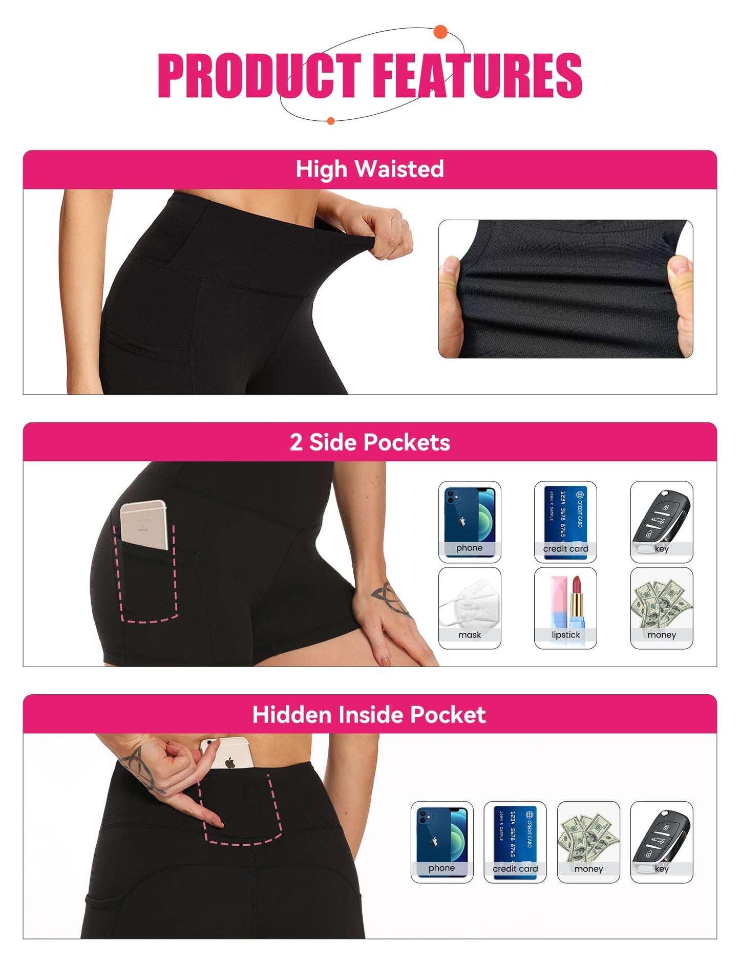 Yoga Pants - Three Points High Waist 3 Pieces Polyester Double Grinding Black X3