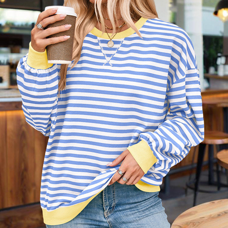 Women's Casual Crewneck Striped Long Sleeve Sweatshirt - Comfortable Loose Fit Ribbed Knit Top For Spring&Fall