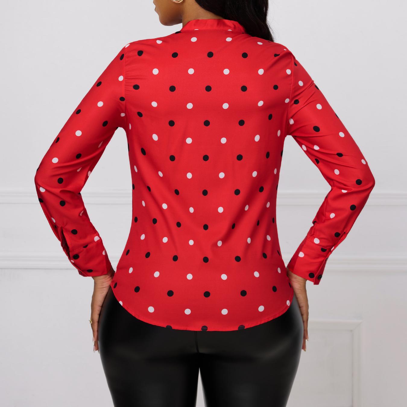 Ladies' Fashionable And Elegant Printed Polka Dot Solid Color Long Sleeved Shirt Top With Elegant Orientation