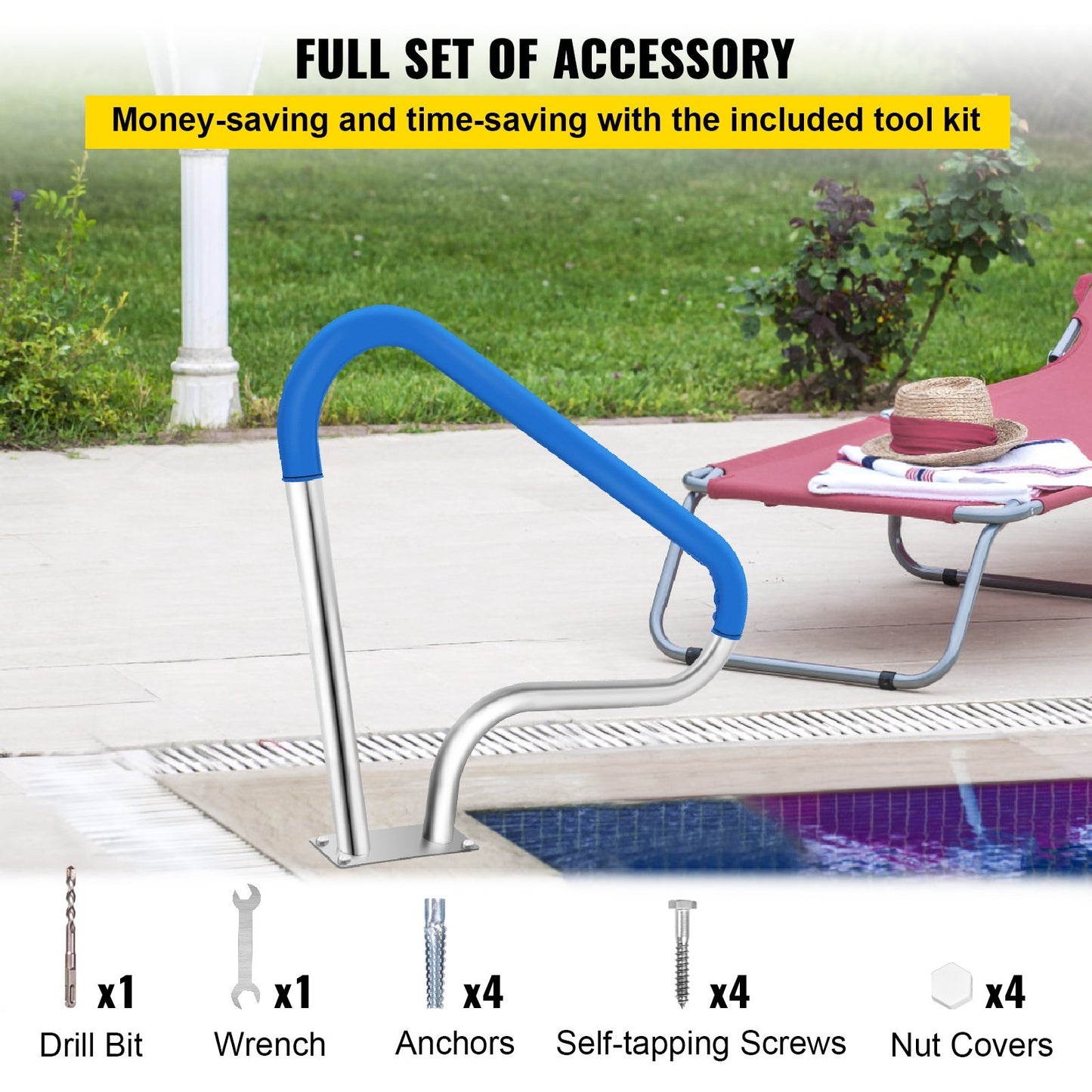 VEVOR Pool Rail 39x32 Pool Railing 304 Stainless Steel 250LBS Load Capacity Silver Rustproof Pool Handrail Humanized Swimming Pool Handrail With Blue Grip Cover & M8 Drill Bit & Self-Taping Screws