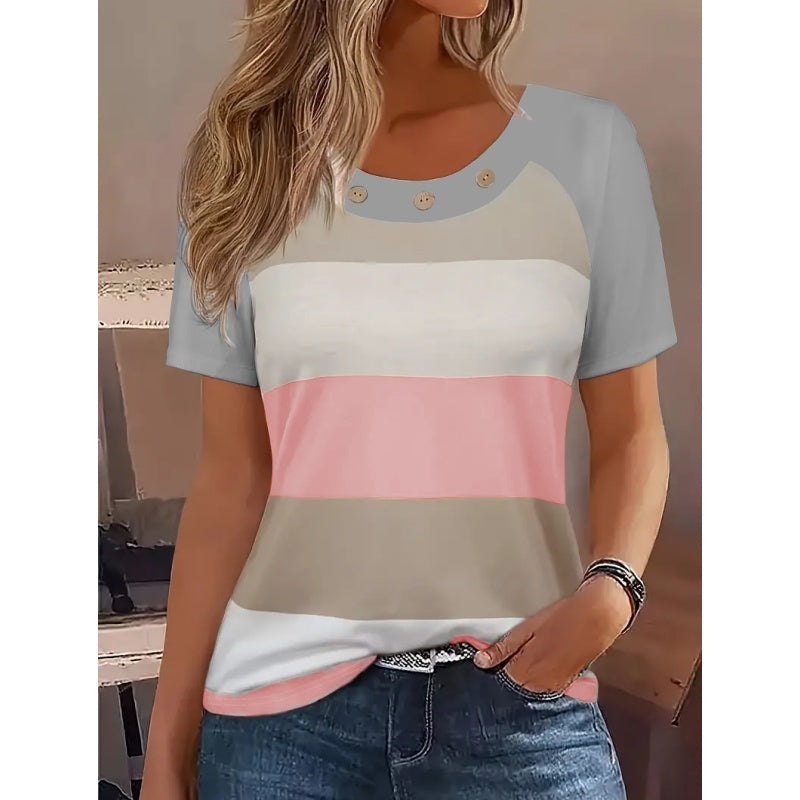 Women's T Shirts Color Block Short Sleeve Tops Casual Summer Tees