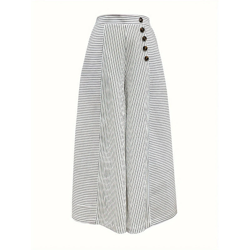 Womens Summer Casual Loose Striped Wide Leg Lounge Pants Elastic Waist Trousers With Button Details