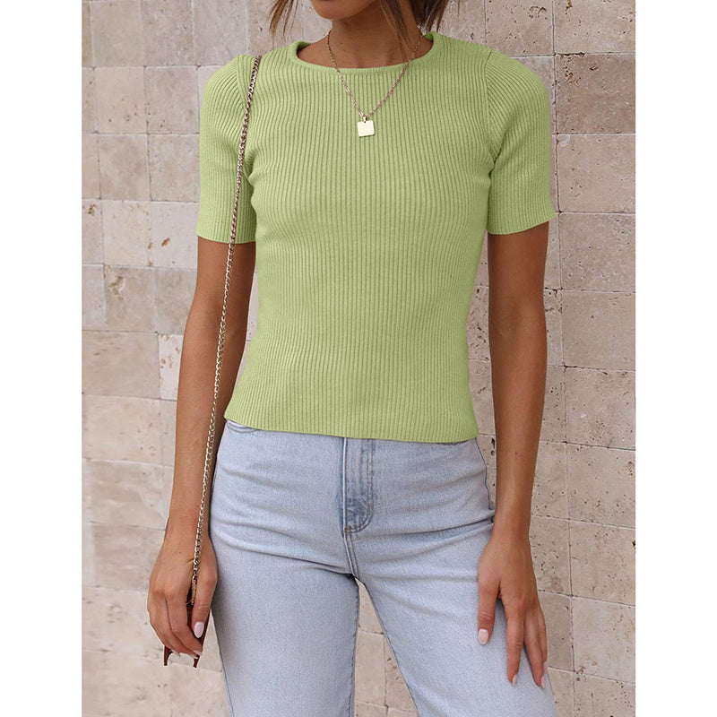 Womens Short Sleeve Shirts Crewneck Ribbed Knit Slim Fitted T-Shirt Summer Basic Tee Tops
