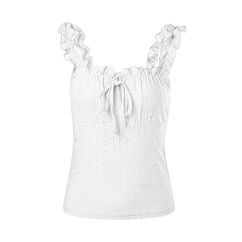 Womens Cute Sleeveless Tank Tops Frill Trim Strap Tie Knot Square Neck Eyelet Blouse