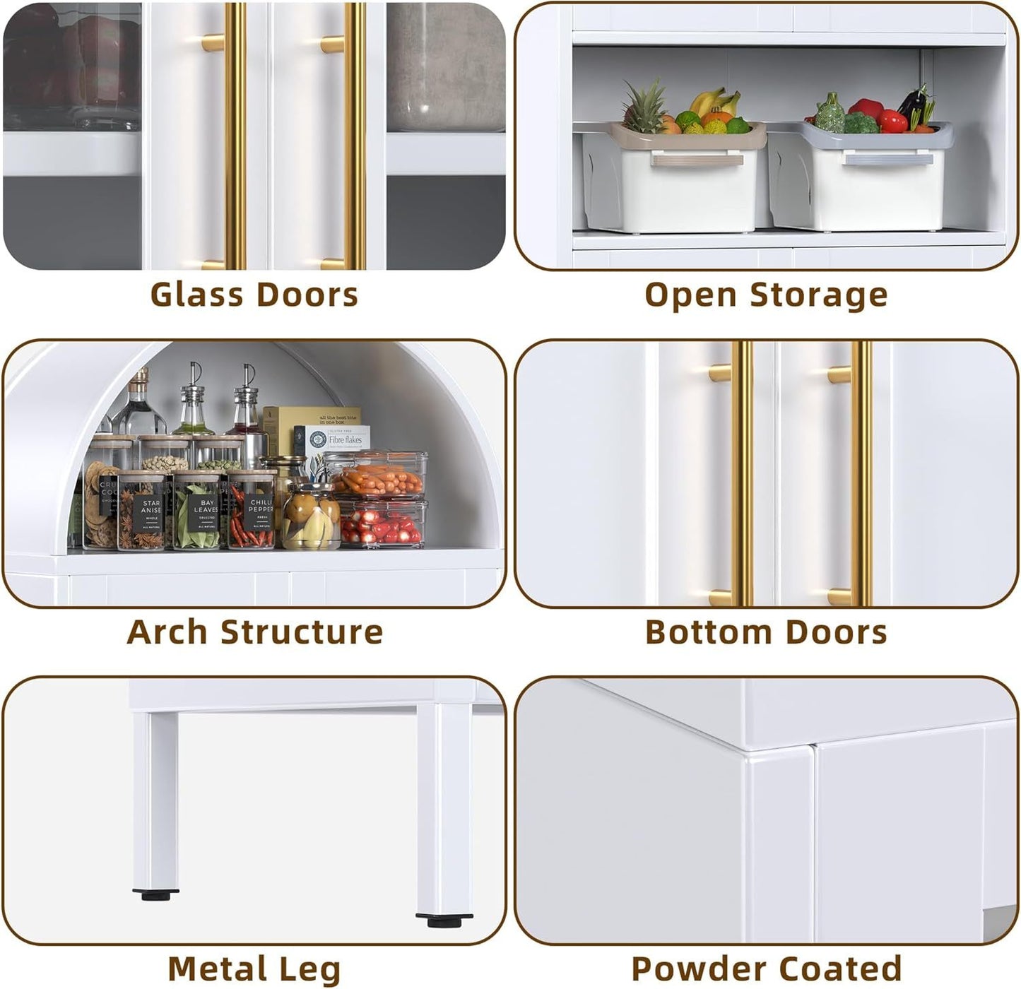 73 In Tall Metal Arched Cabinet, Kitchen Pantry Cabinet With Glass Door, Modern Farmhouse Arched Bookcase With 2 Adjustable Shelves For Living Room, White, Assembly Required