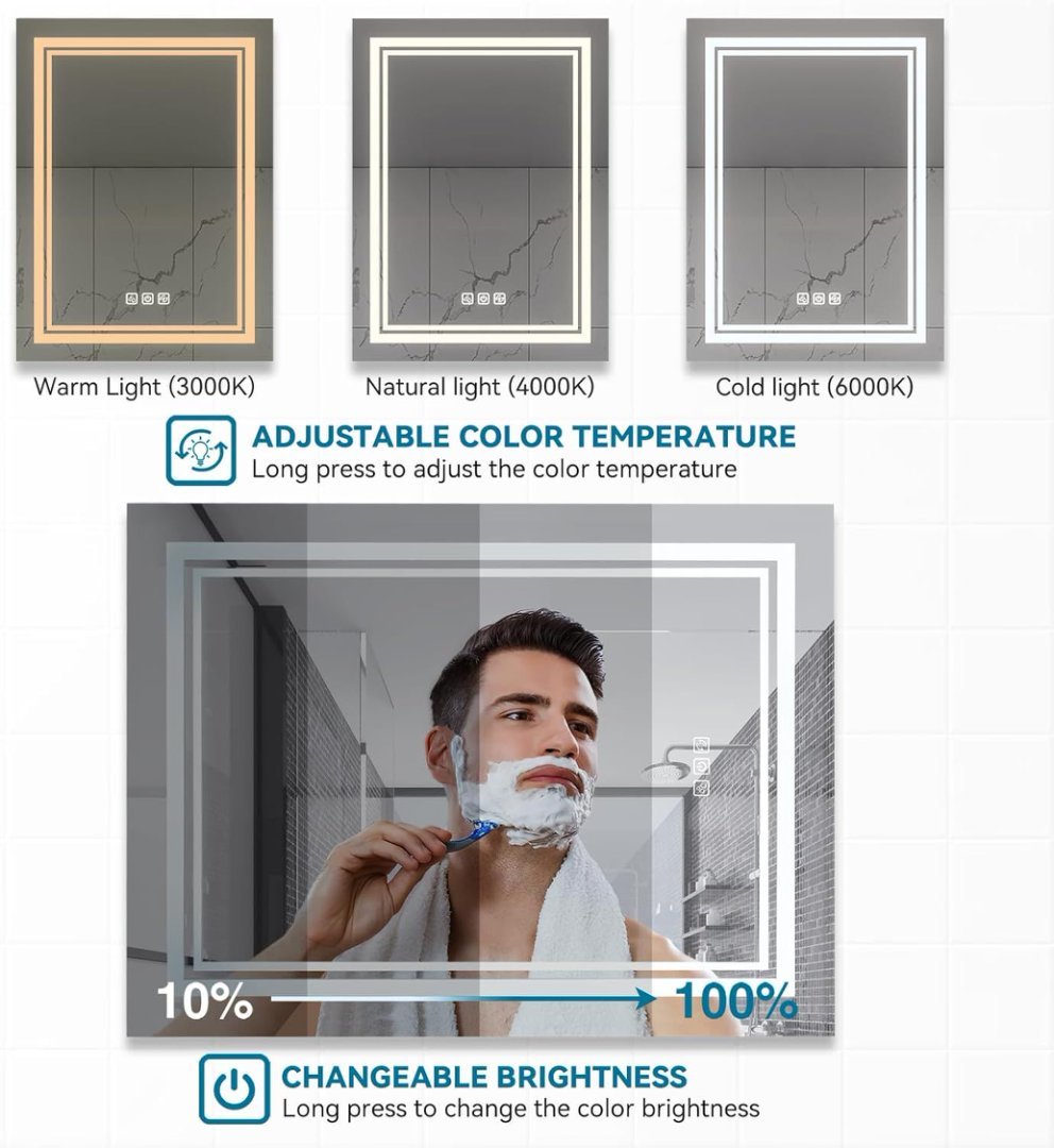 Bright LED Bathroom Mirror Front Light, 5 Mins Defog, Full HD Reflected, 3 Colors Dimmable, Wall Mounted