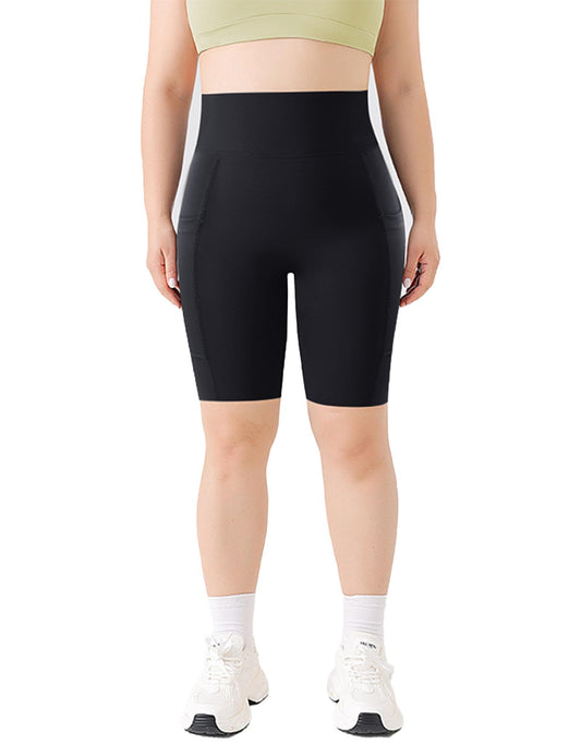 Yoga Pants - Five-point High-waisted Diagonal Pockets To Tuck In Solid Black Color