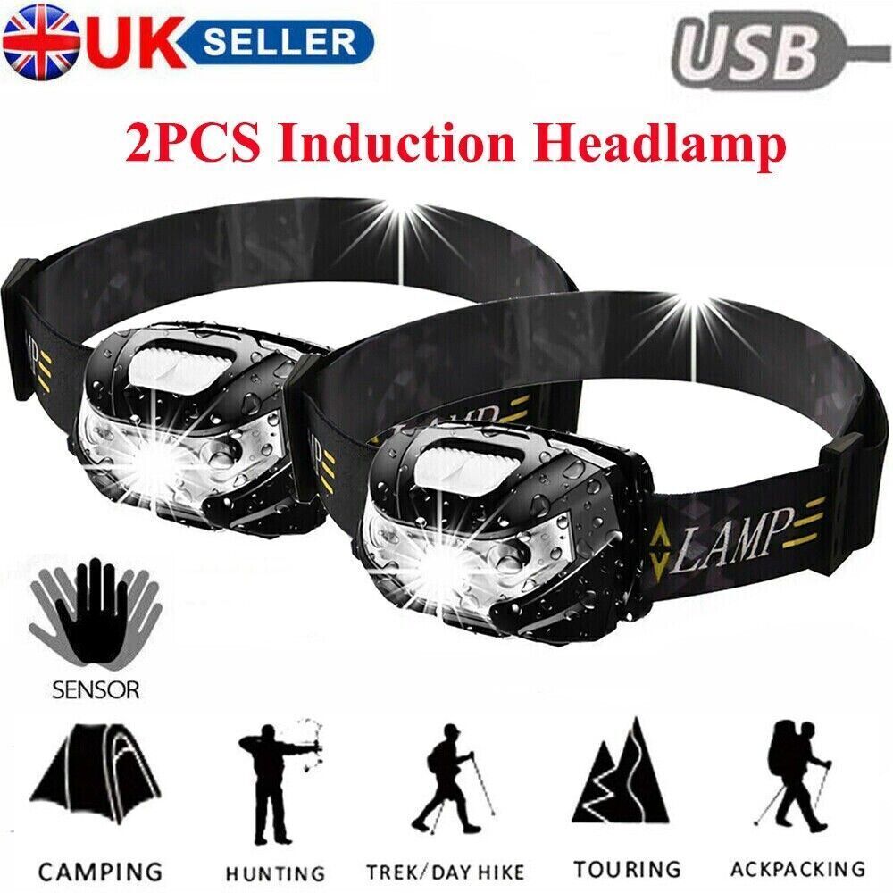 2x Super Bright Waterproof Head Torch Headlight LED USB Rechargeable Headlamp UK
