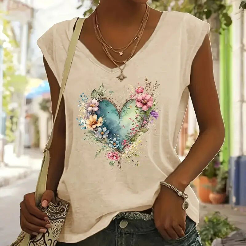 Women's V-Neck Short Sleeve T-Shirt Floral Heart Print Summer Casual Top