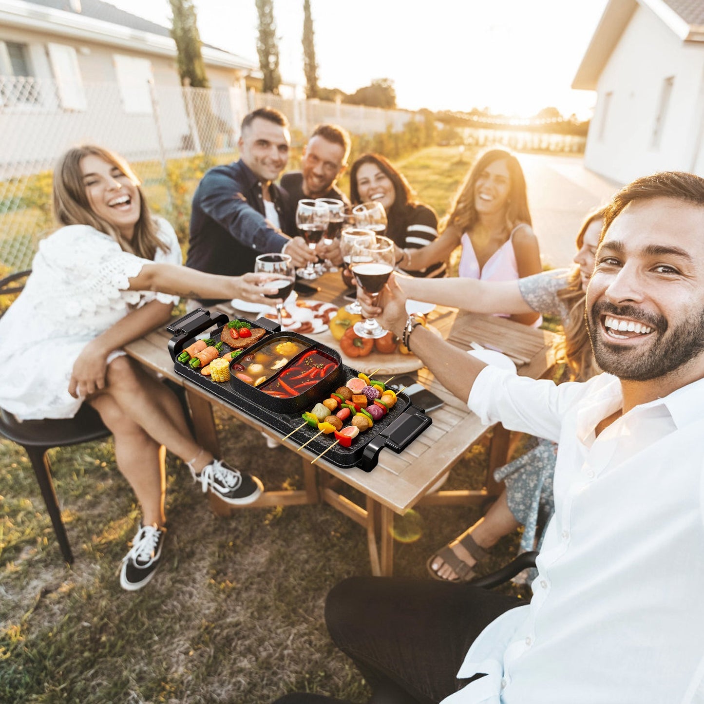 2 In 1 Electric Hot Pot With Grill 2800W Smokeless Non-Stick Korean BBQ Grill Shabu Shabu Hot Pot Combo With Independent Temperature Control 5 Gears Firepower For 3-10 People