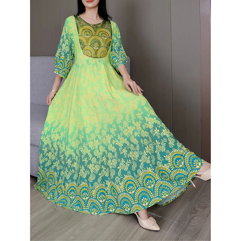 Women's Vibrant Bohemian Embroidered Maxi Dress Retro Ethnic A-Line Swing Dress With Belt