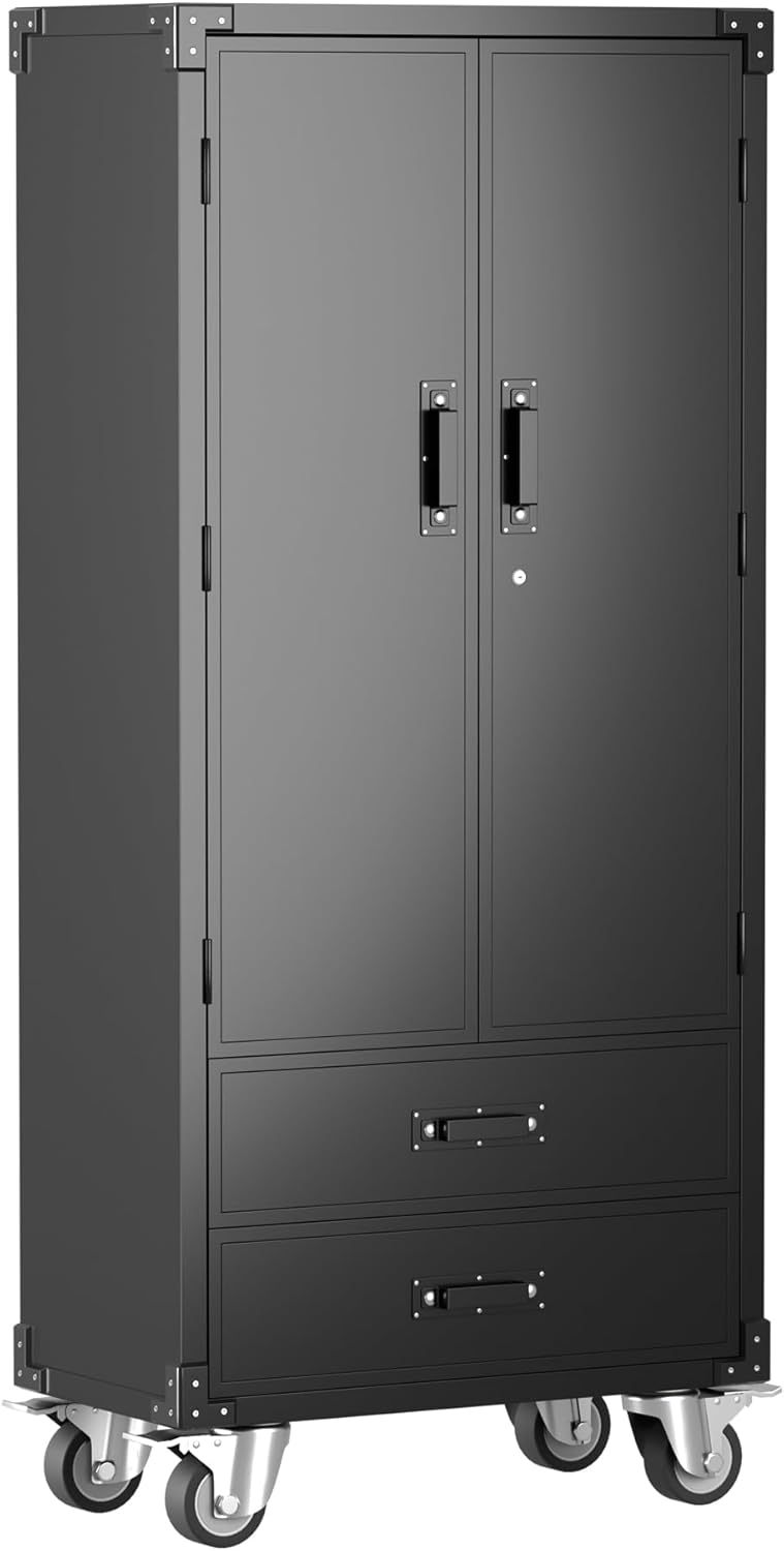 Rolling Storage Cabinet With 2 Doors And 2 Drawers, Metal Storage Cabinet With Doors And Shelves, Locking Steel Cabinet For Warehouse, Home, Office Black