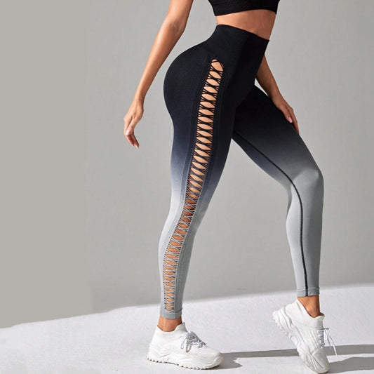 Women's High-Waisted Gradient Yoga Pants, Cutout Leggings, Booty Lifting, Athletic Long Tights For Fitness Workout, Breathable Sportswear