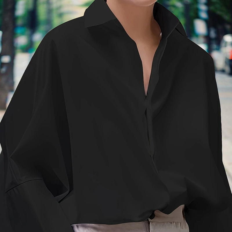 Women's Solid Color Fashion V-Neck Blouse - Puff Sleeve Button-Down Long-sleeved Shirts For Spring & Fall