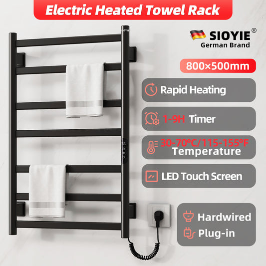 SIOYIE Towel Warmer Bathroom Wall Mounted 6 Bars Electric Towel Drying, 150 W 500 800 MM Heated Towel Rack With Intelligent Touch Screen Timer And Temperature Control Black Right