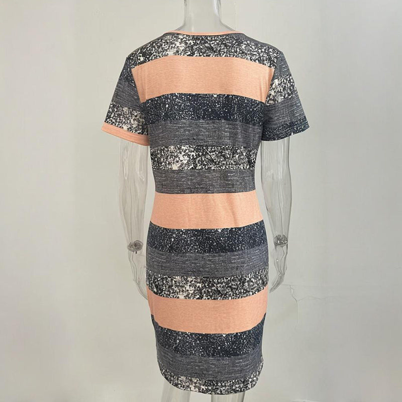 Women's V-Neck Slim Fit Striped Short Sleeve Dress - Casual Summer Bodycon Mini Dress