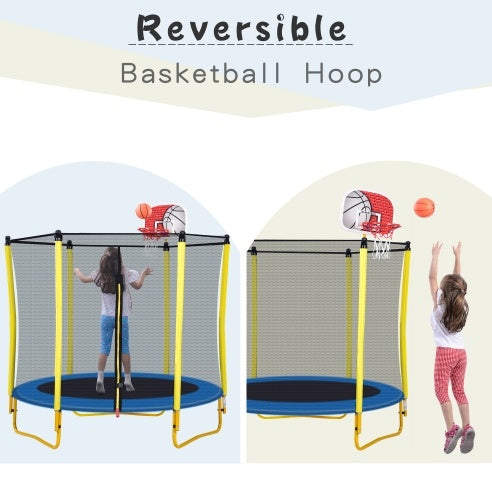 5.5FT Trampoline For Kids -65 Outdoor & Indoor Mini Toddler Trampoline With Enclosure, Basketball Hoop And Ball Included