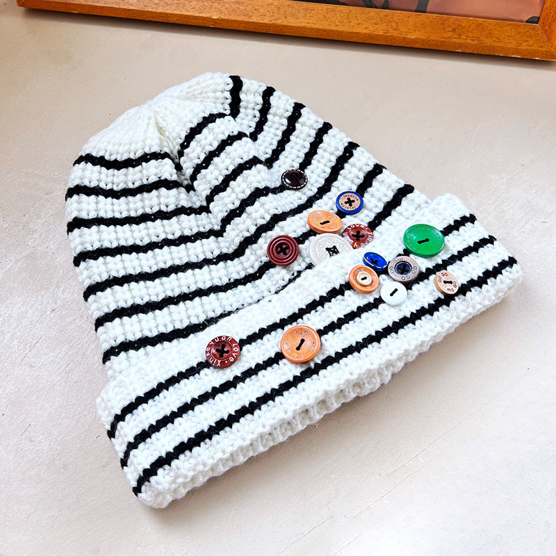 Autumn And Winter Buttons Knitted Hat Warm Ear Protection All-match And Cute Pile Heap Cap
