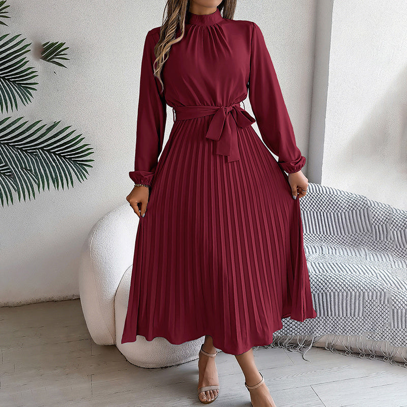 Elegant High Neck Long Sleeve Pleated Maxi Dress - Solid Color Flowy Dress For Women, Casual To Formal Wear