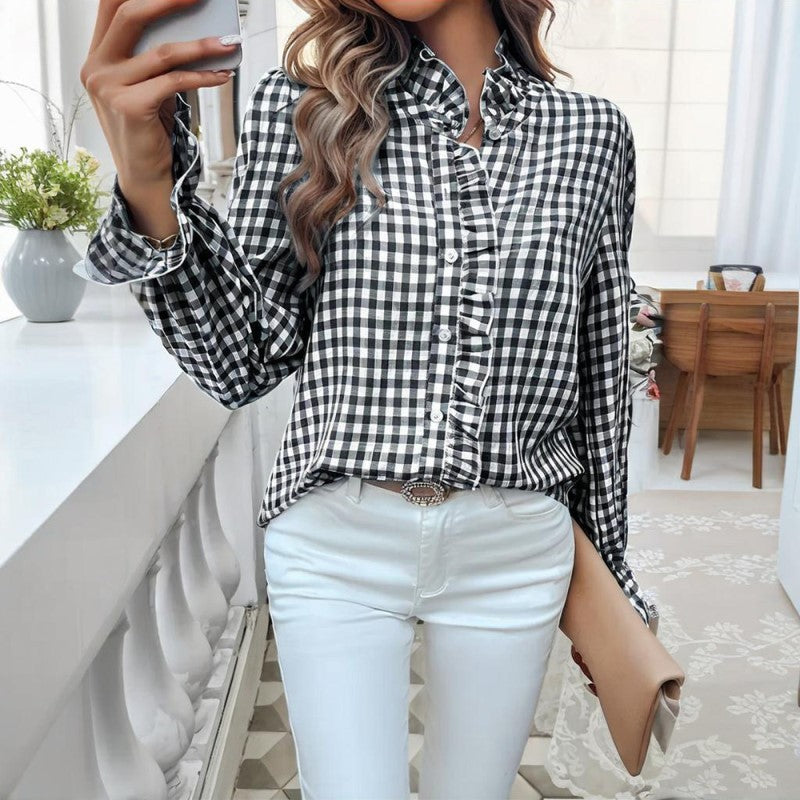 Women's French Style Checkered Button-Up Shirt - Elegant Plaid Pattern, Stand Collar With Ruffled Cuffs, Comfortable Wear