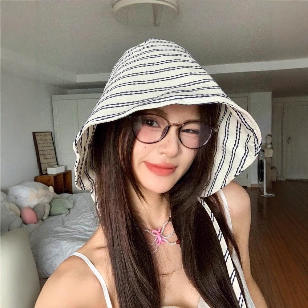 French New Striped Big Brim Fisherman Hat Women