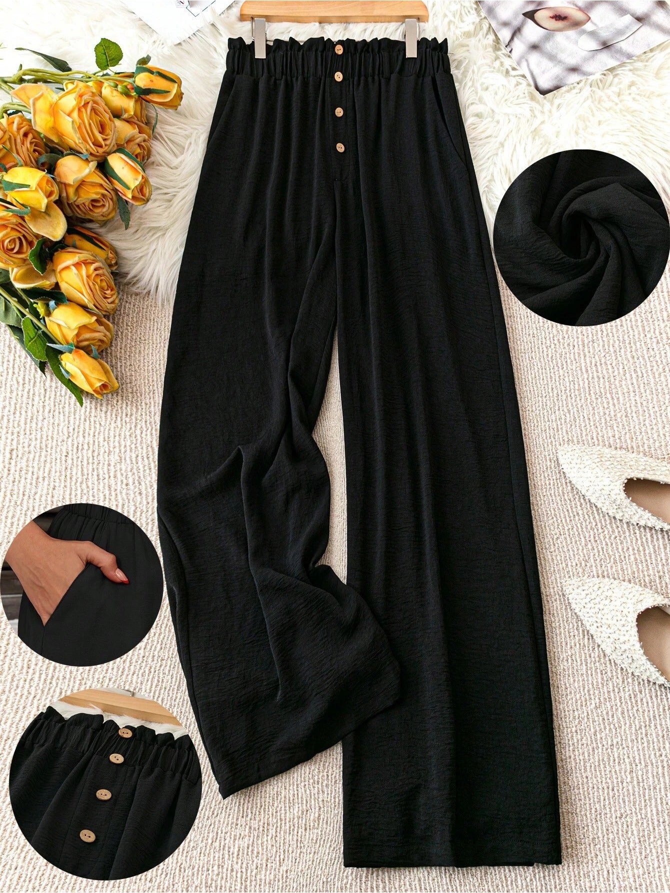 Women's Plus Size Teacher Pants - Black Straight-Leg Trousers With Pockets, Elastic Waistband With Wooden Button Decor, Soft Comfortable Fabric, Multifunctional Daily Wear