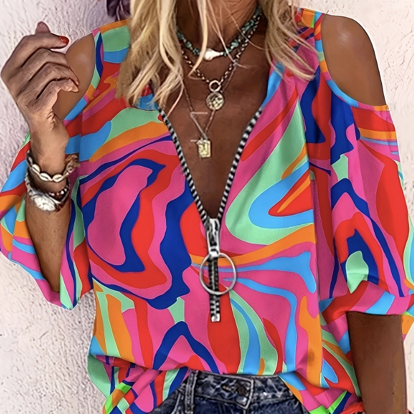 Ladies' Printed Off Shoulder V-neck Zipper Lantern Top