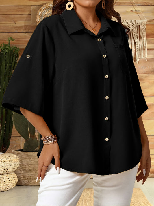 Women's Plus Size Button-Front Collar Shirt - Spring And Summer Casual Short-Sleeve Blouse & Plus Size Apparel