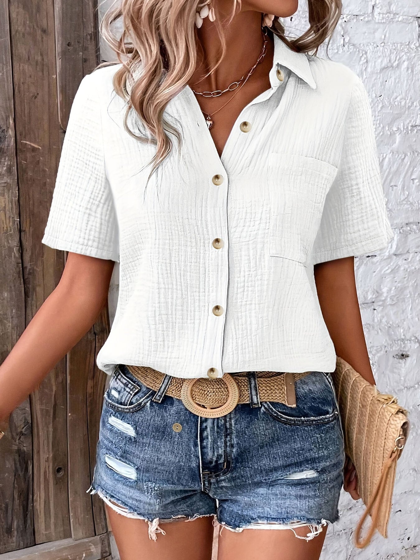 Hic Summer Women's V-Neck Blouse - Casual Short Sleeve Button-Up Shirt With Chest Pocket, Solid White, Lightweight & Breathable For Casual   Attire