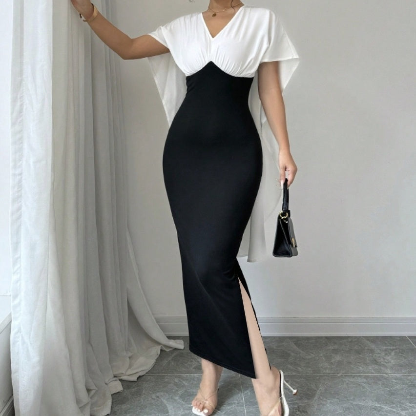 Ladies' Commuting Elegant Casual V-neck Color Block Patchwork Short Sleeved Dress