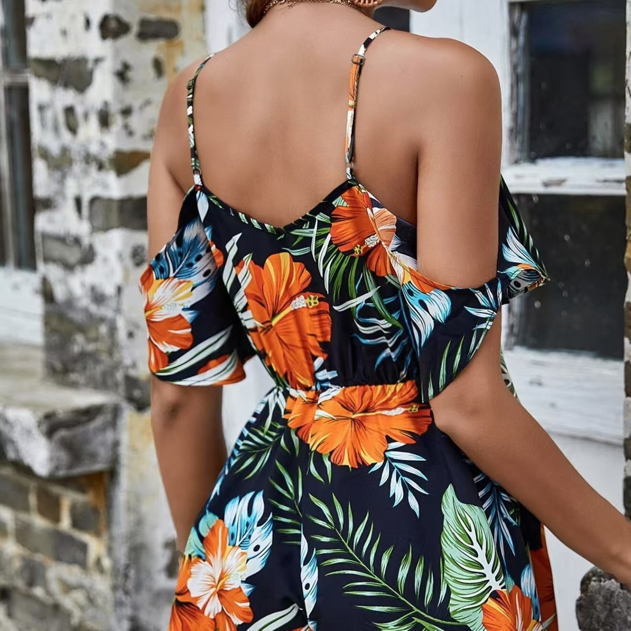 Ladies' Camisole, Off Shoulder, Hanging Pleats, Lotus Leaf Sleeves, Floral Tropical Print, Vacation Style Jumpsuit