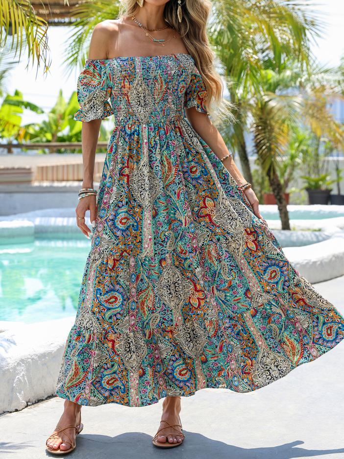 Women's Elegant Paisley Pattern Print One Shoulder Dress Summer Casual Party Essential Long Dress