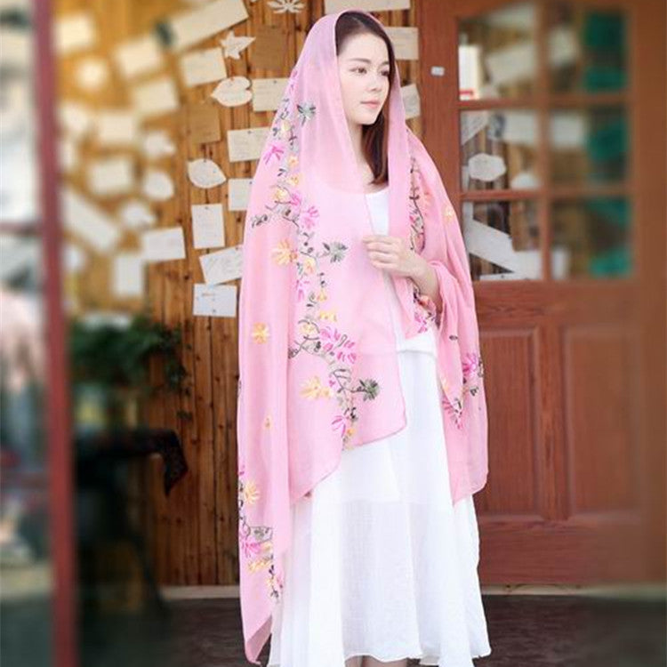 Embroidered Cotton And Linen Scarf Travel Sunscreen Ethnic Style Silk Scarf