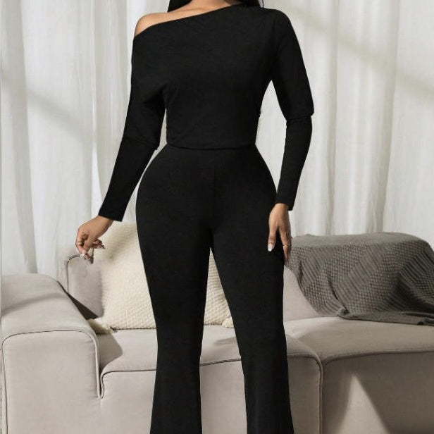 Ladies' Solid Color Fashionable And Elegant Autumn And Winter Long Sleeved Off Shoulder Jumpsuit