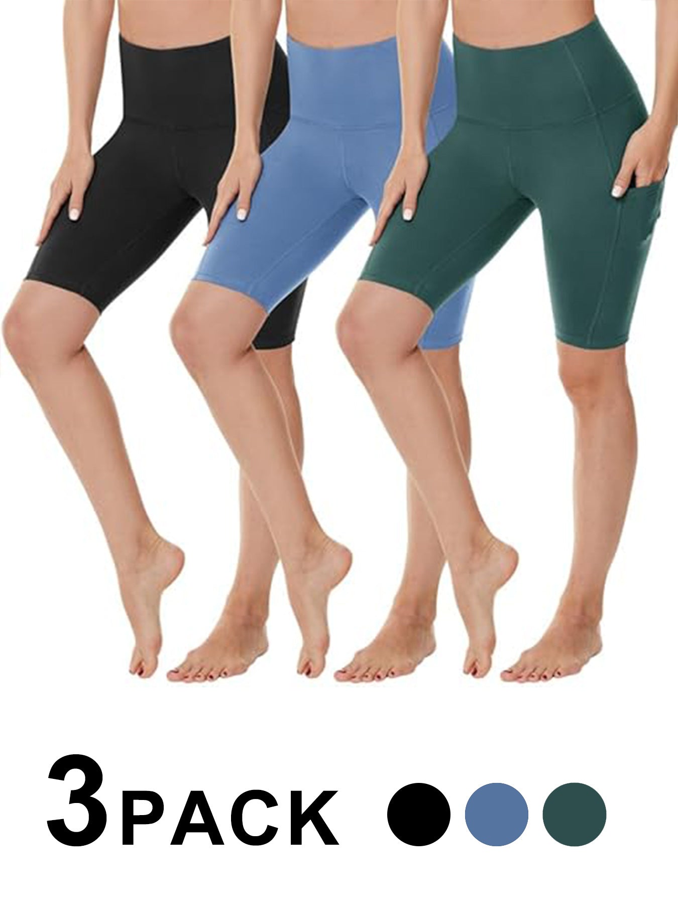 Yoga Pants - 5 Minutes High Waist, 3 Pairs Of Black, Light Blue, Dark Green