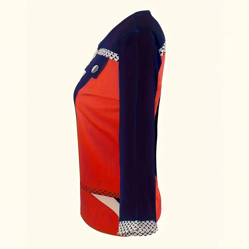 Women's Elegant Color-Block V-Neck Long Sleeve Top With Zip Detail - Spring&Fall Casual & Semi-Formal Blouse