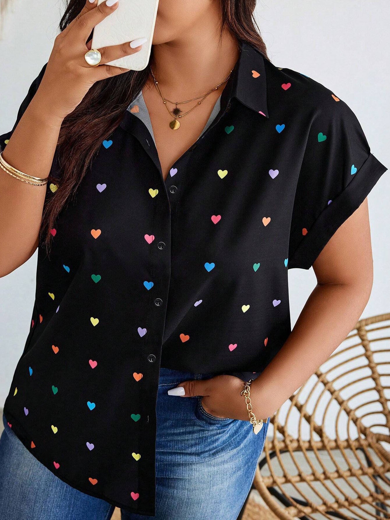 Women's Plus Size Heart Print Button-Down Shirt - Summer Casual Short Sleeve Outdoor Top