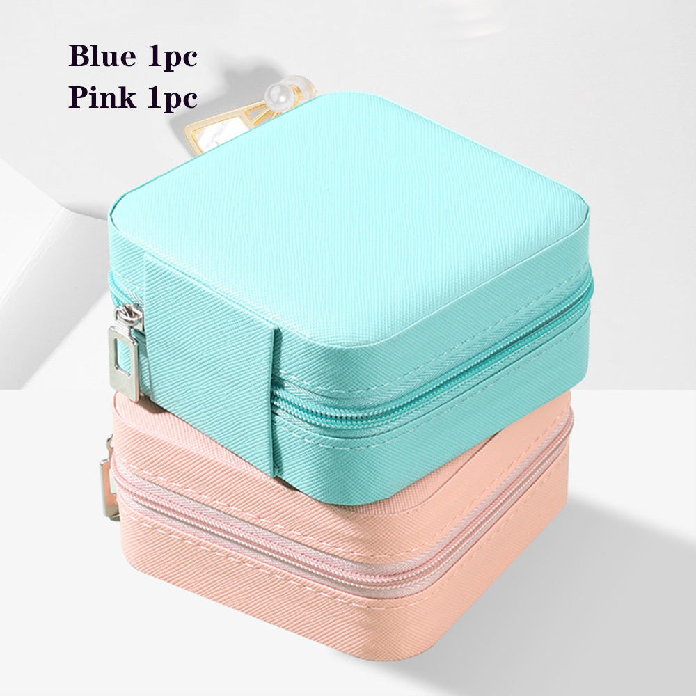 2pcs Portable Leather Jewelry Storage Boxes, Mini PU Jewelry Storage Boxes, Travel Jewelry Organizer Case, Black, White And Blue Jewelry Storage Boxes
