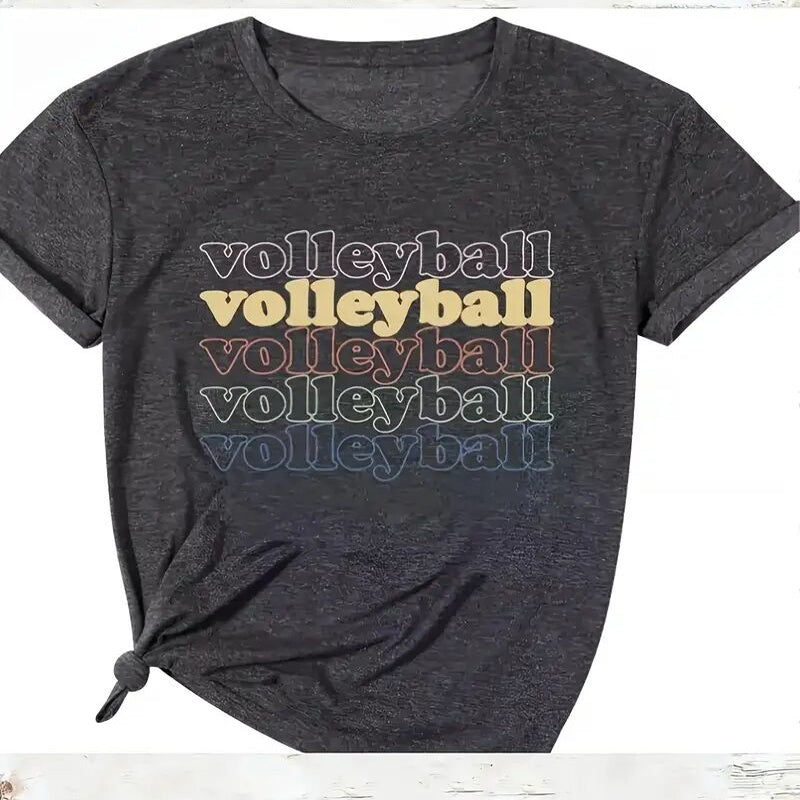 Women's 'Volleyball' Print Round Neck Tee - Sporty Summer Short Sleeve Top